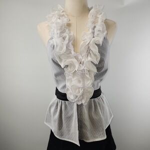Bebe Womens White Ruffle Halter Peplum Top Sheer Mesh Smocked Back Pristine M